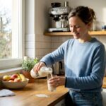 Woman pouring oat milk in sunlit kitchen