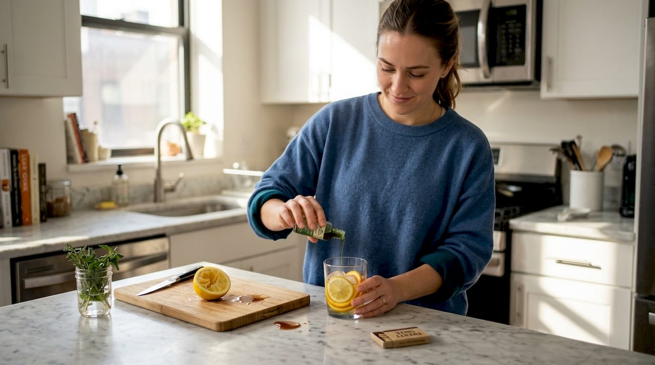 Woman making cannabis mocktail in home kitchen