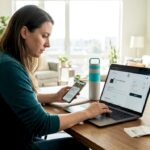 Woman entering cannabis promo code on laptop
