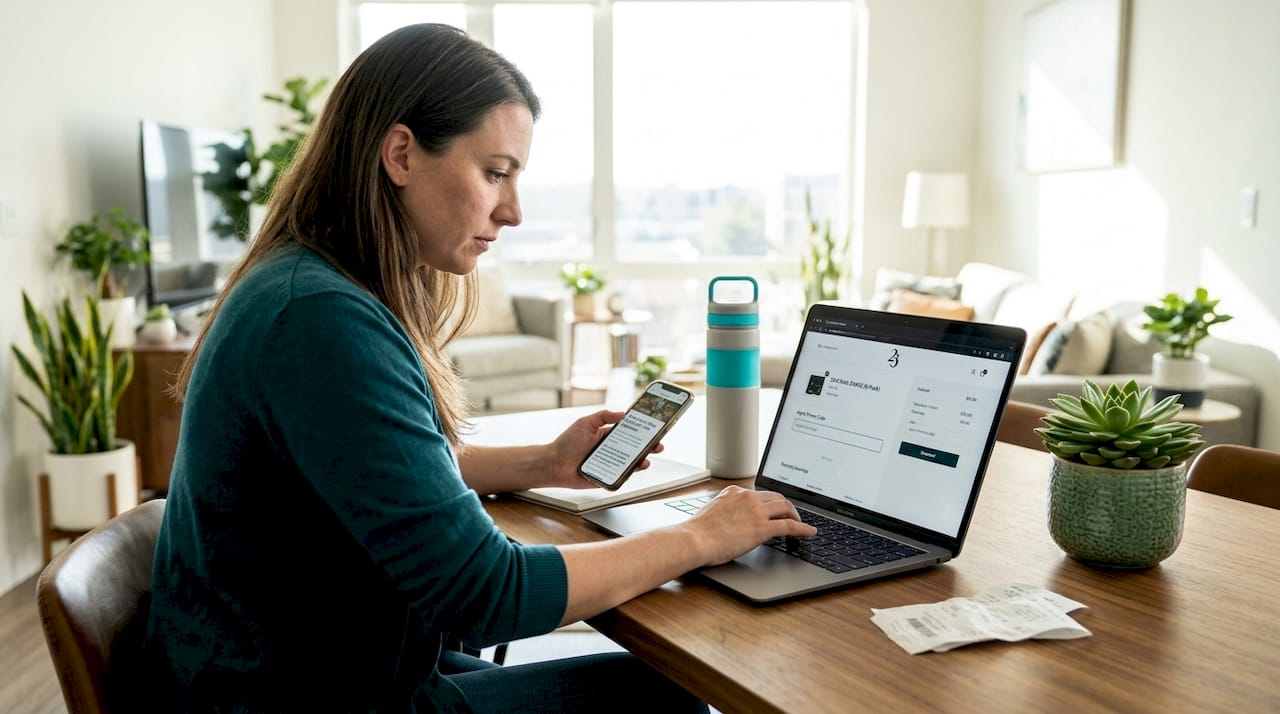 Woman entering cannabis promo code on laptop