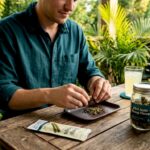 Preparing hemp blunt at bright kitchen table
