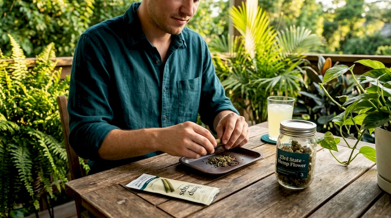 Preparing hemp blunt at bright kitchen table