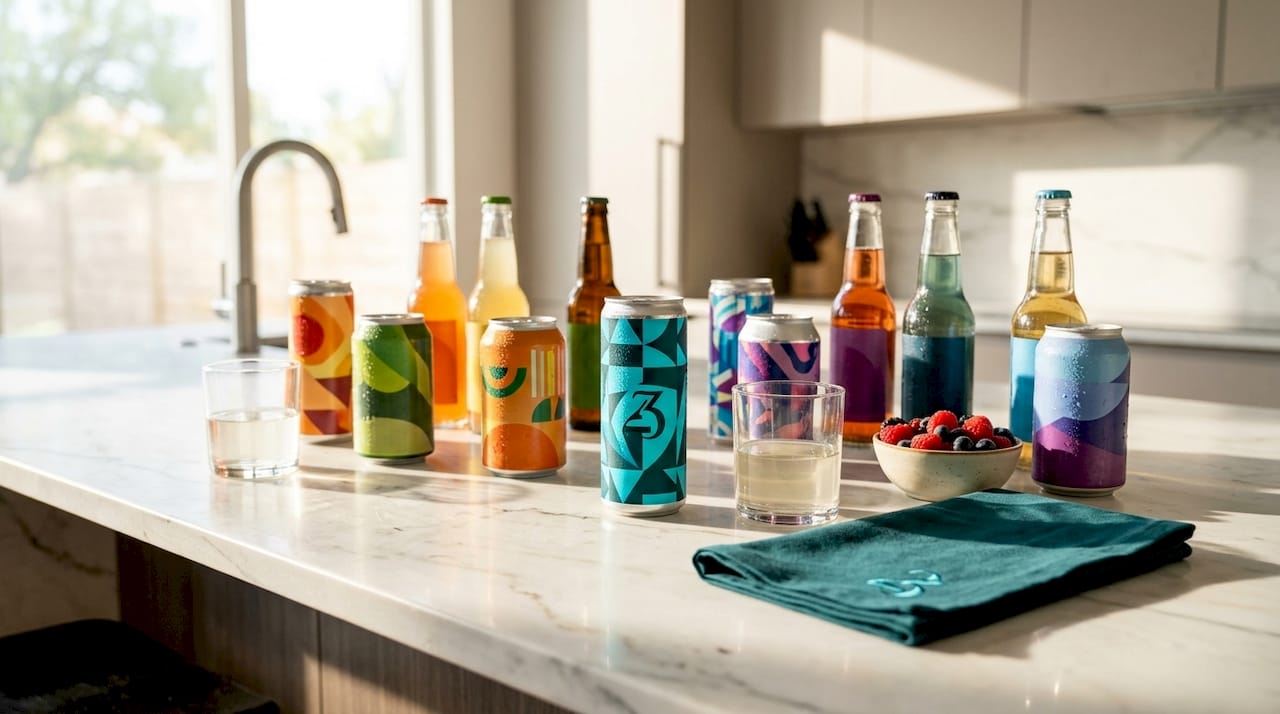Assorted THC-infused beverages on kitchen counter