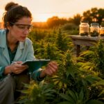 Scientist inspecting strain specific hemp plants in greenhouse