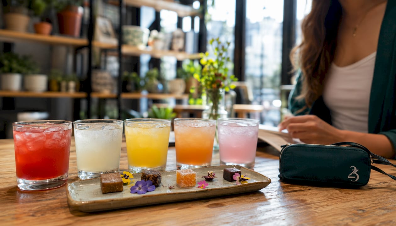 Hemp drinks and edibles arranged for sensory tasting