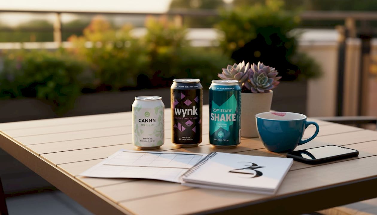 Comparative hemp beverage cans with chart on café table