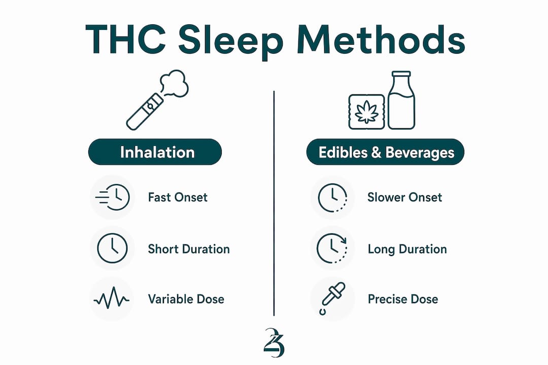 Infographic comparing inhalation and edible THC methods for sleep