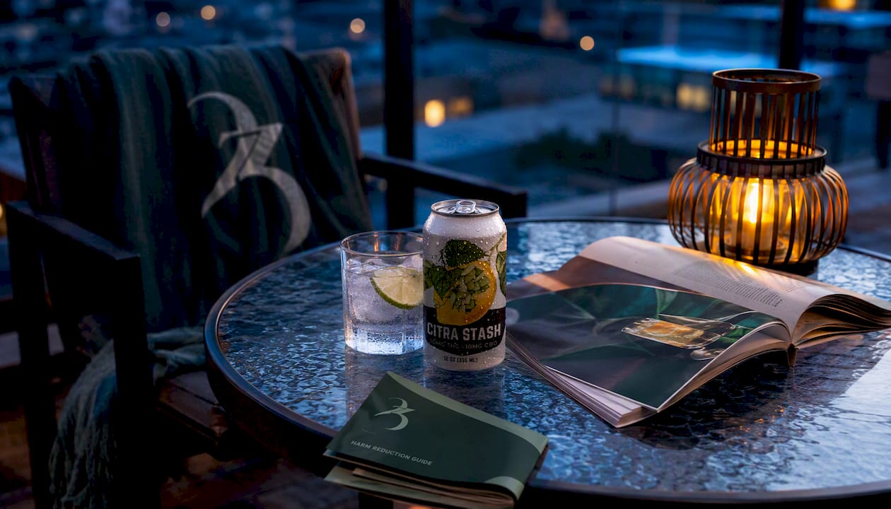 Evening cannabis beverage setting with guide